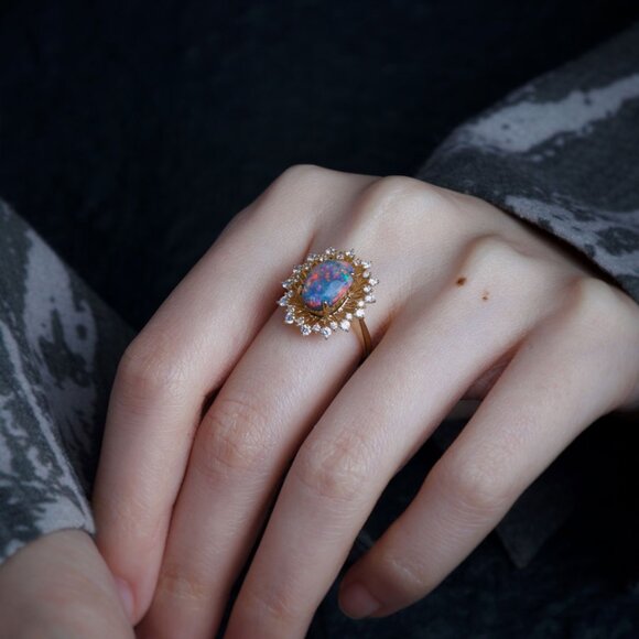 Certificated 2.26ct Play of Color Black Opal Diamond Halo Engagement Ring 18K Go - Picture 6 of 9